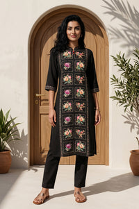 Black Floral Printed Rayon Straight Kurta