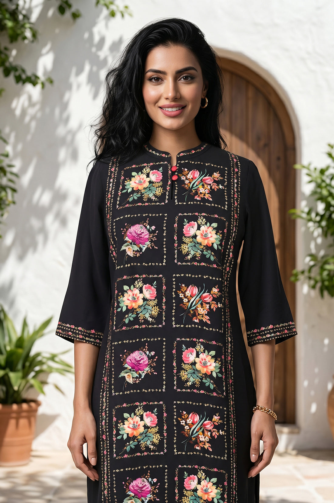 Black Floral Printed Rayon Straight Kurta