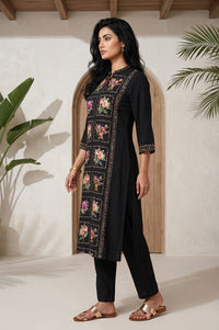 Black Floral Printed Rayon Straight Kurta