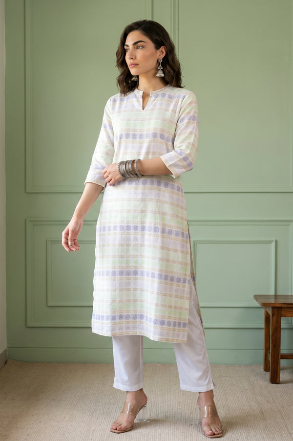 Aurelia Women's Off White Yarn Dyed Striped Cotton Blend Straight Kurta with Lace