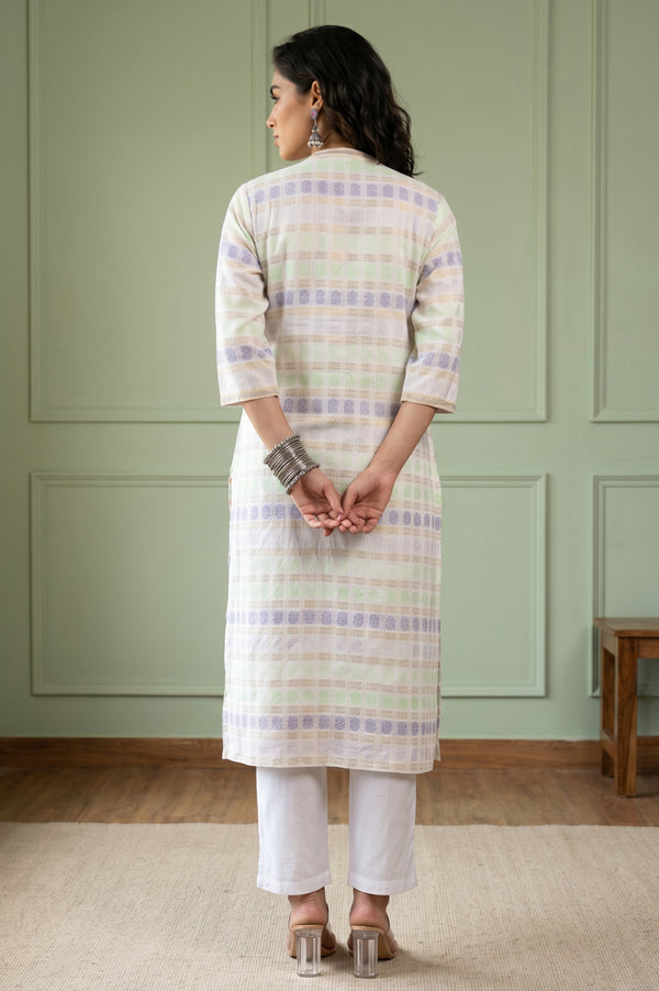 Aurelia Women's Off White Yarn Dyed Striped Cotton Blend Straight Kurta with Lace