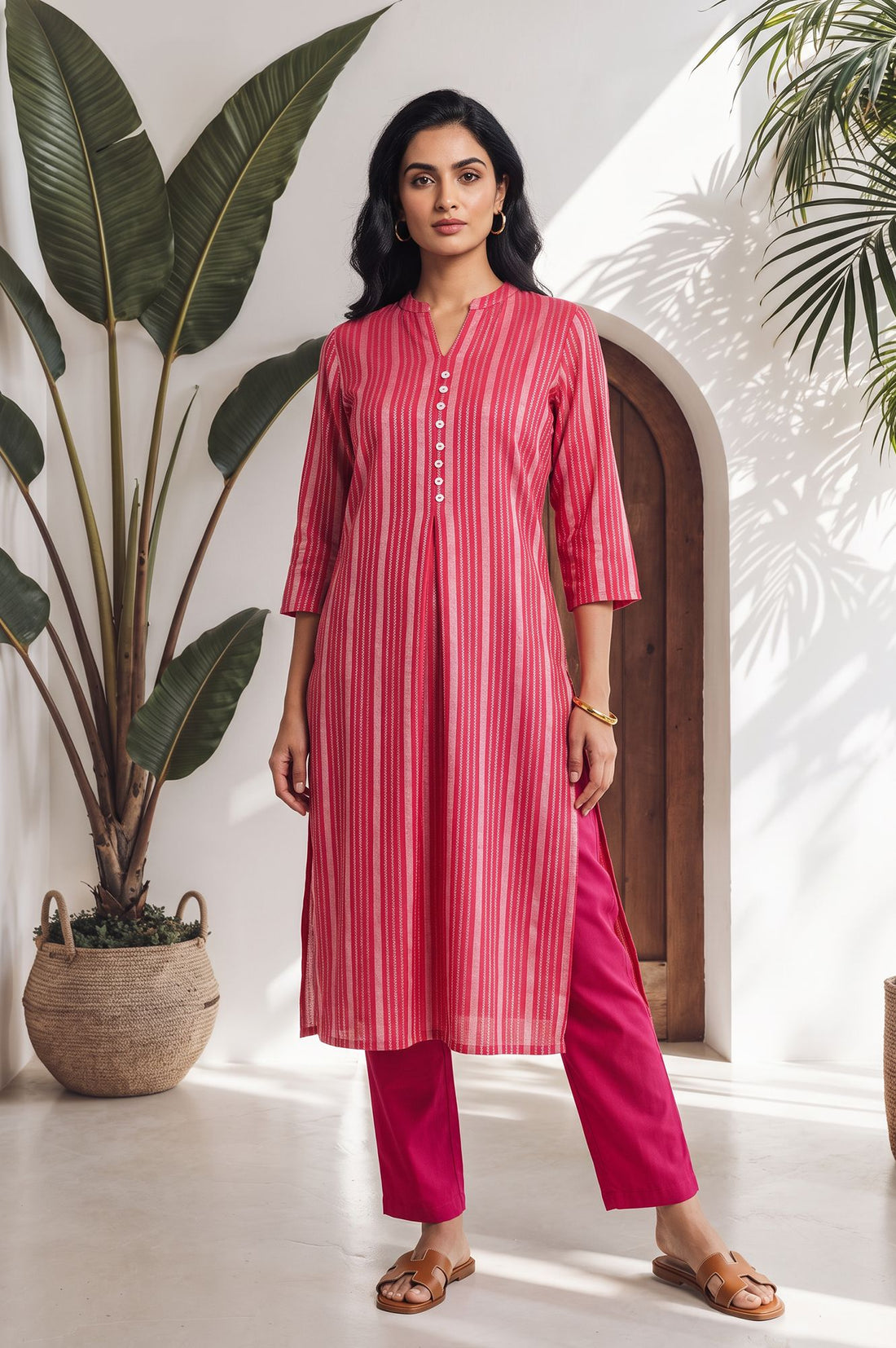 Pink Striped Yarn Dyed Dobby Straight Kurta