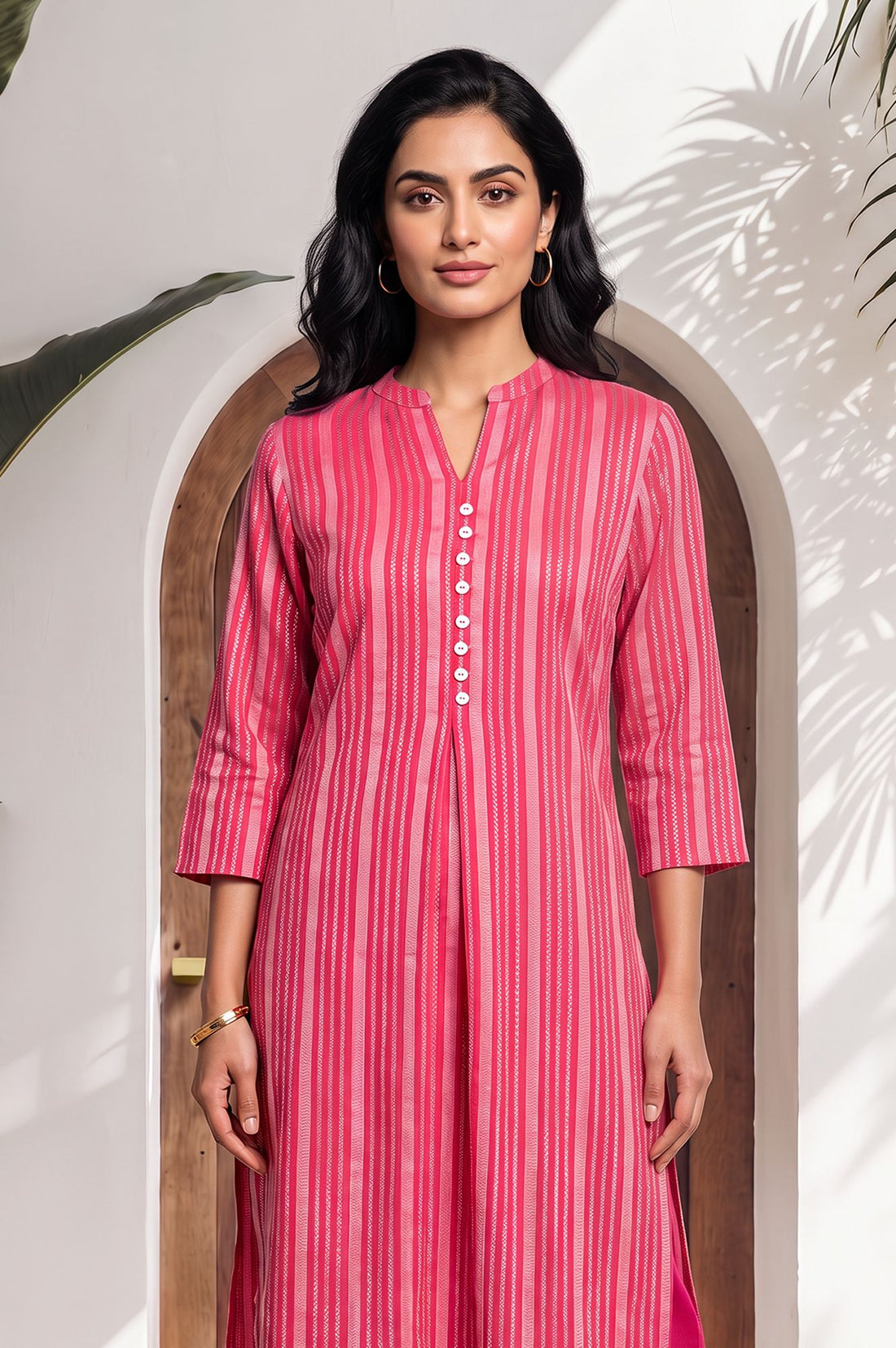 Pink Striped Yarn Dyed Dobby Straight Kurta