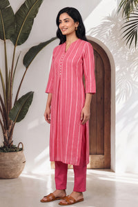 Pink Striped Yarn Dyed Dobby Straight Kurta
