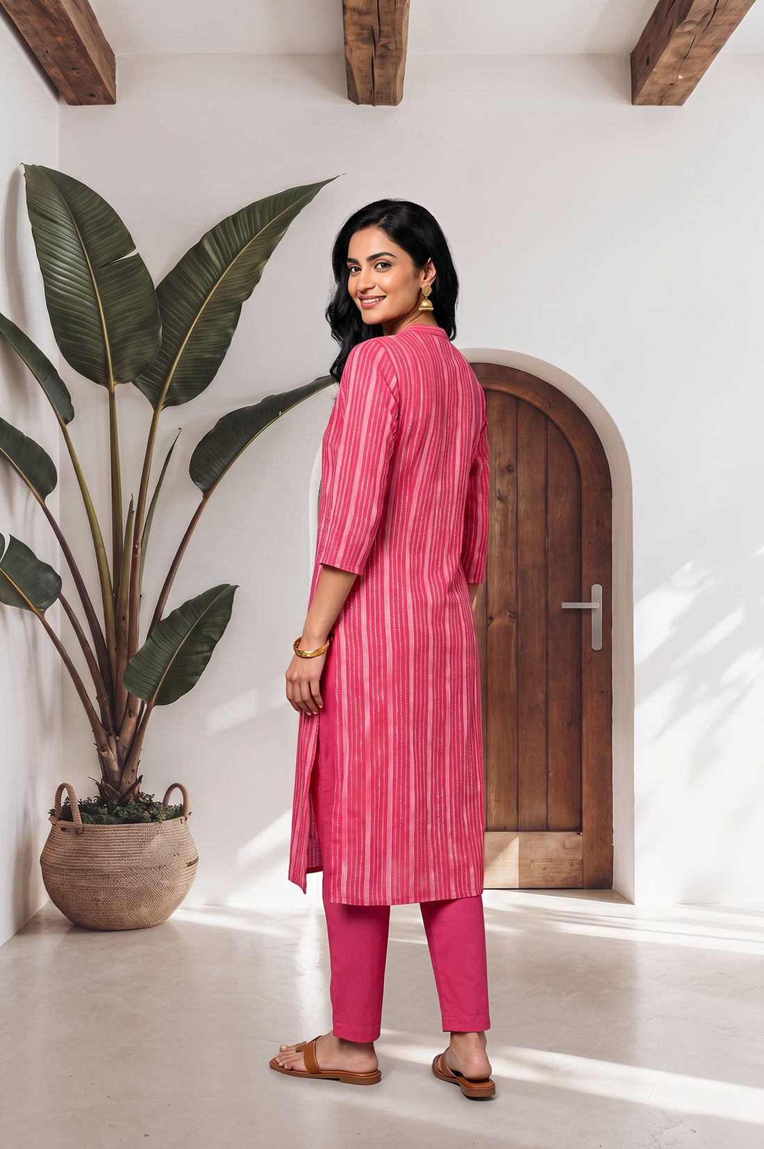 Pink Striped Yarn Dyed Dobby Straight Kurta