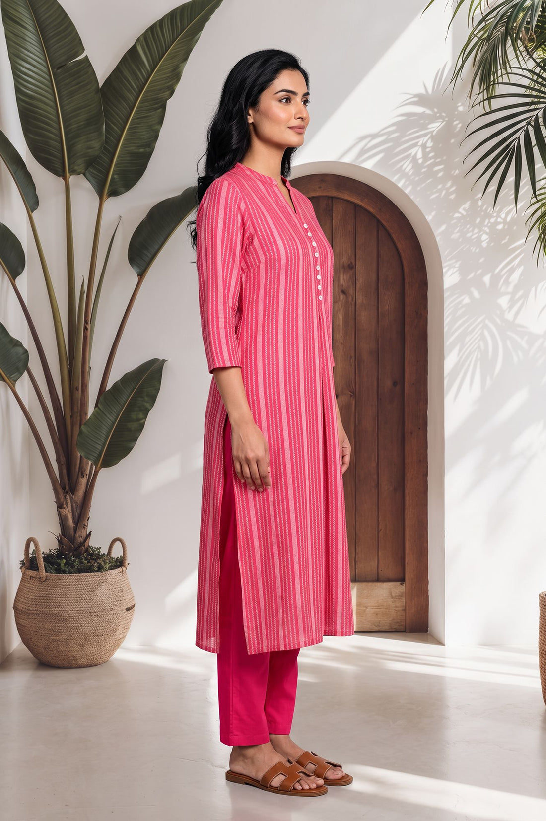 Pink Striped Yarn Dyed Dobby Straight Kurta