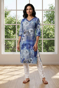 Blue Floral Printed Rayon Straight Kurta
