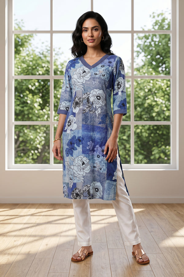 Blue Floral Printed Rayon Straight Kurta