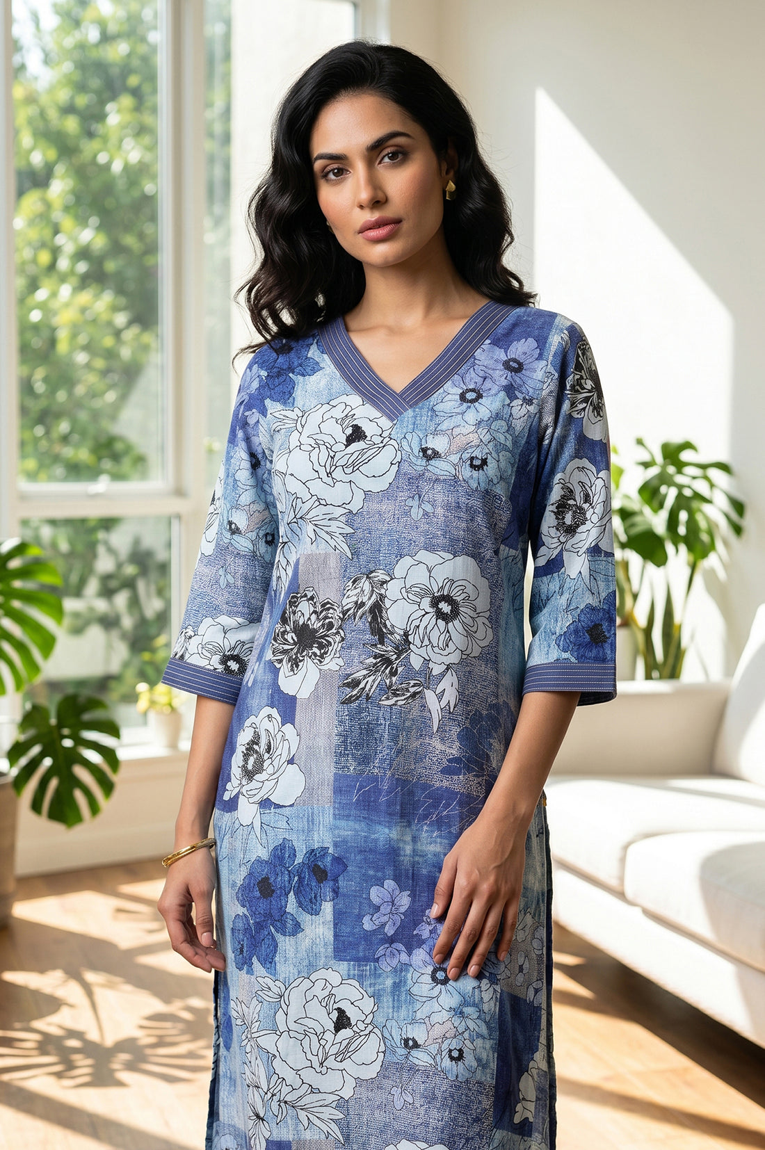 Blue Floral Printed Rayon Straight Kurta