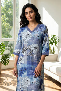 Blue Floral Printed Rayon Straight Kurta