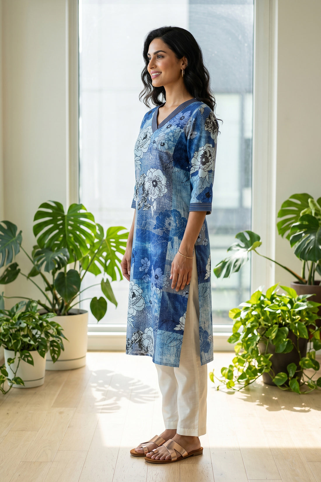 Blue Floral Printed Rayon Straight Kurta