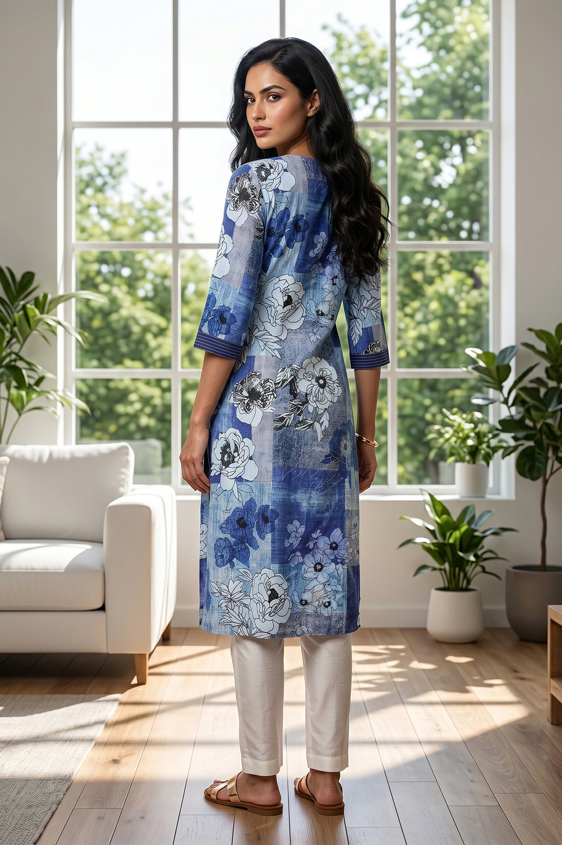 Blue Floral Printed Rayon Straight Kurta
