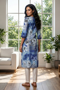 Blue Floral Printed Rayon Straight Kurta