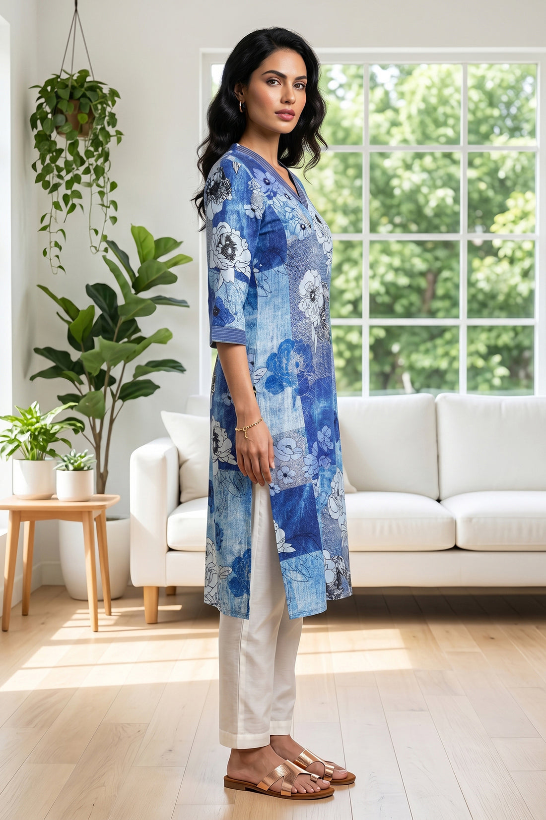 Blue Floral Printed Rayon Straight Kurta
