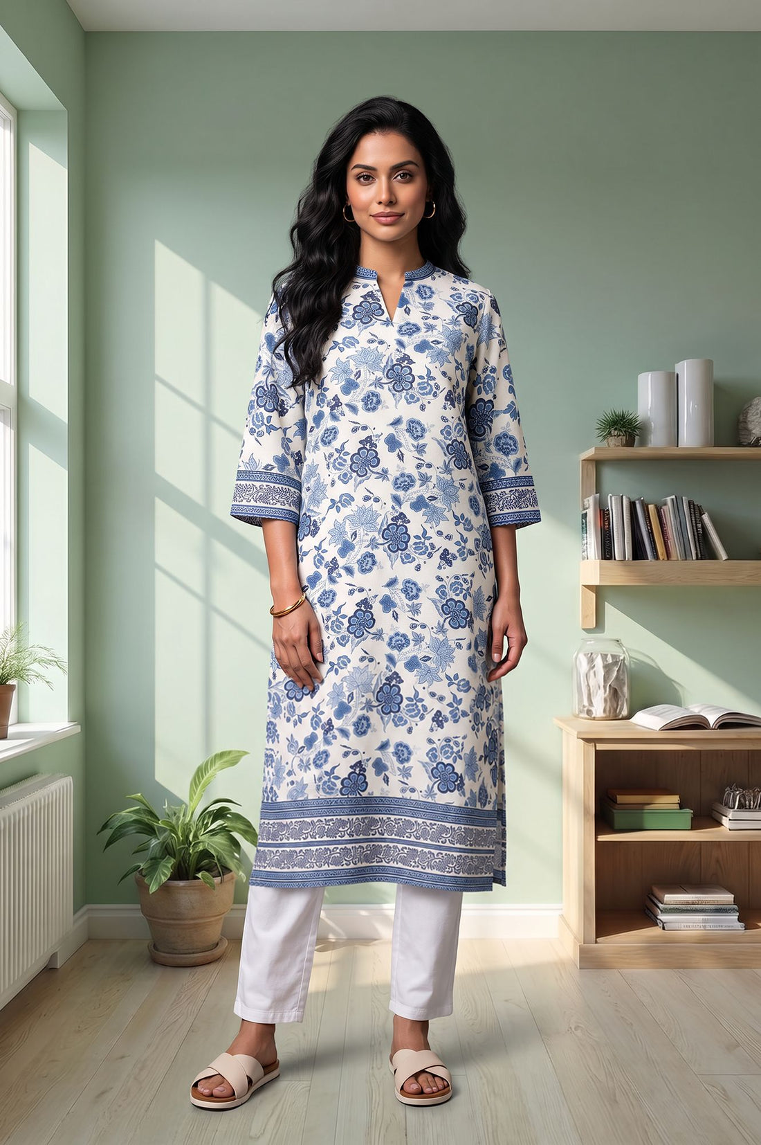 Off White Floral Printed Rayon Straight Kurta