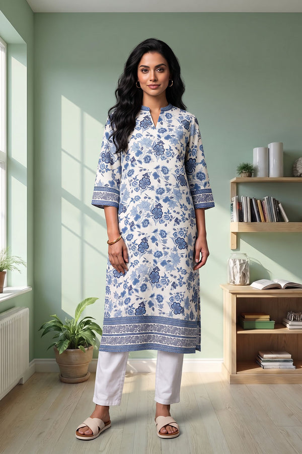 Off White Floral Printed Rayon Straight Kurta
