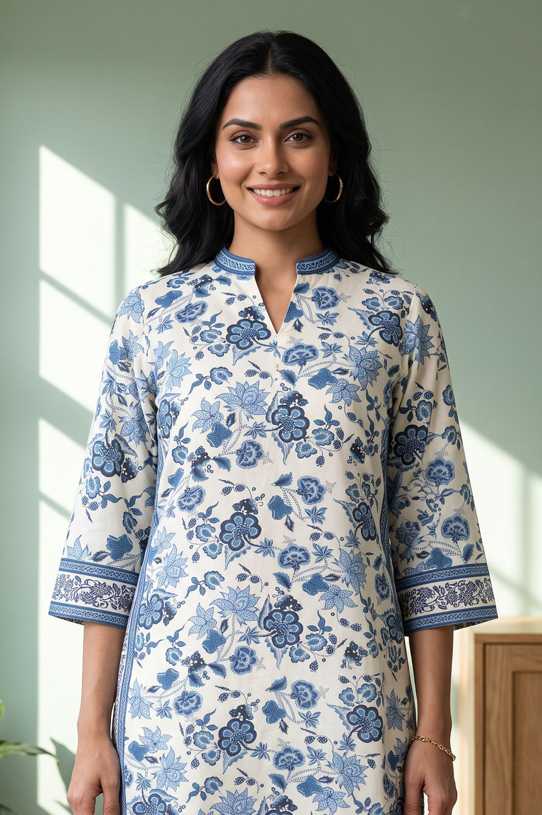 Off White Floral Printed Rayon Straight Kurta