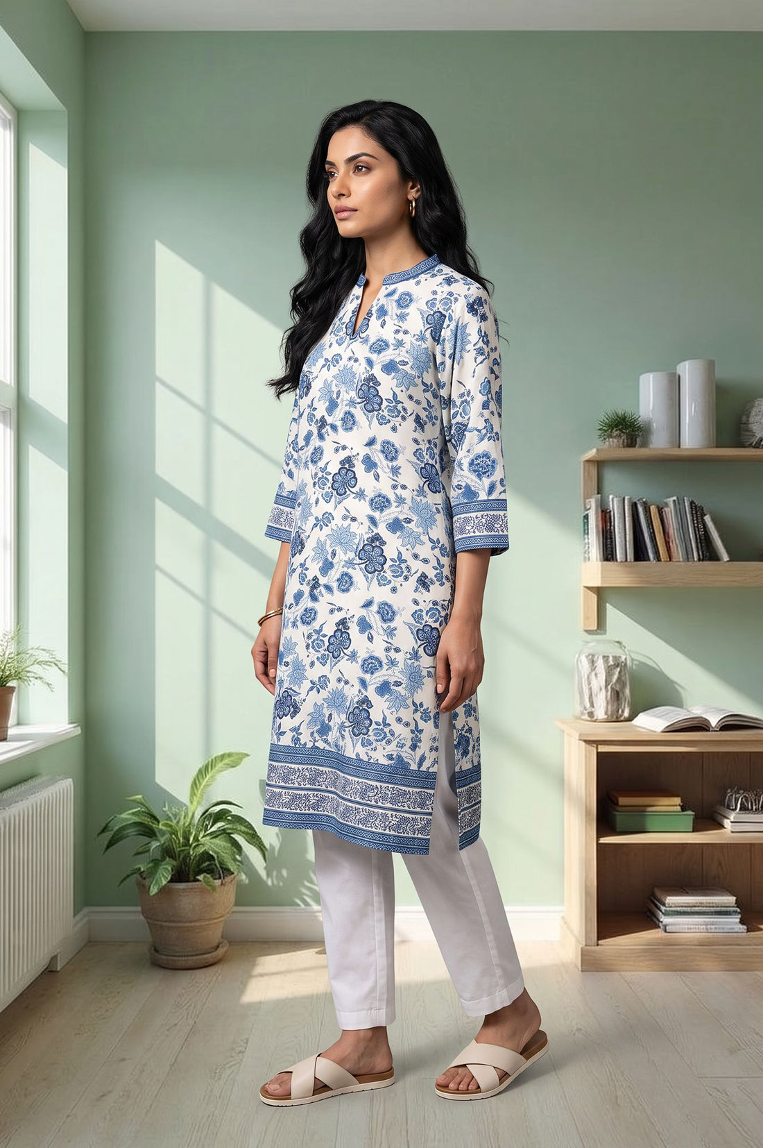 Off White Floral Printed Rayon Straight Kurta