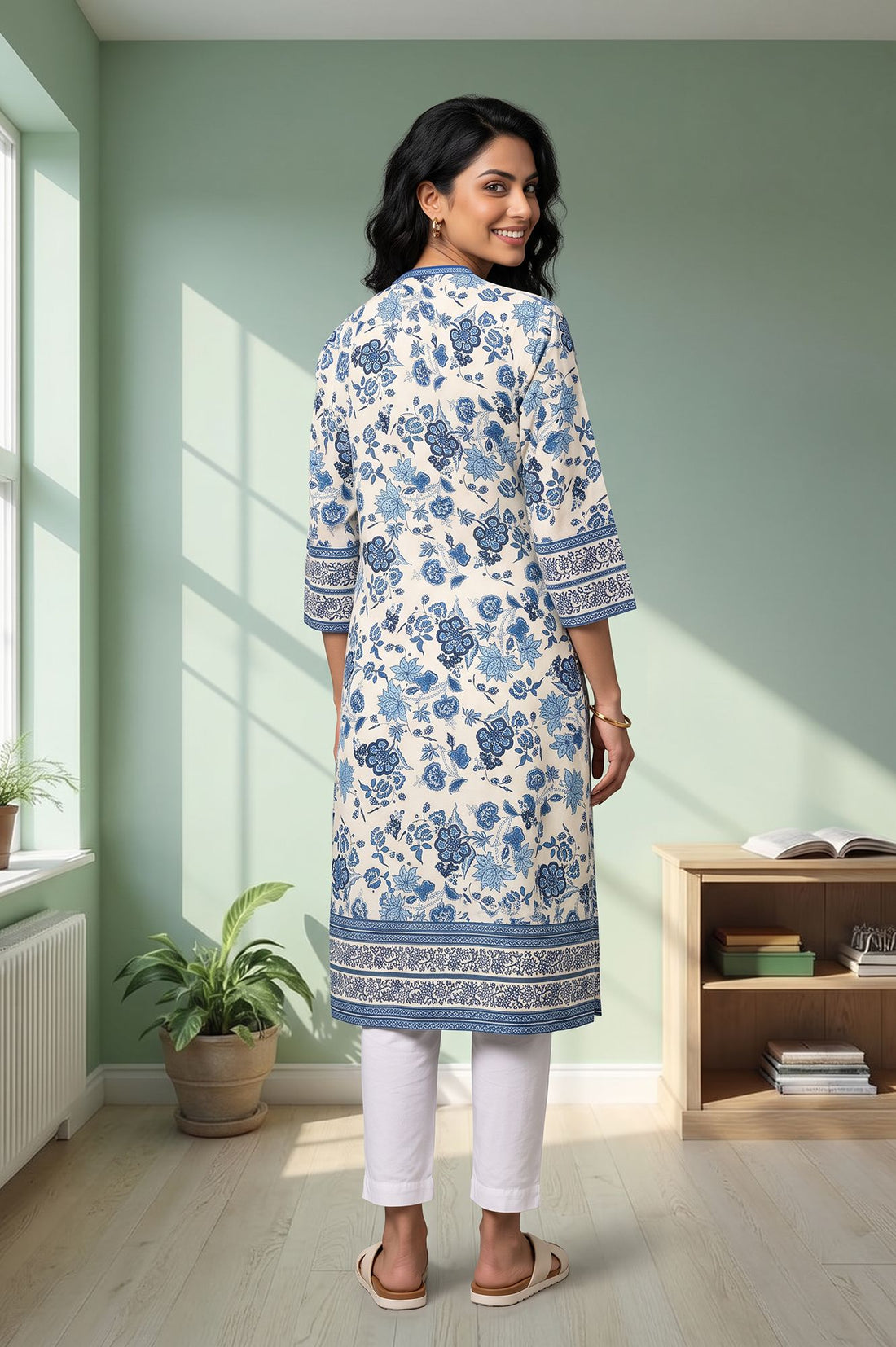 Off White Floral Printed Rayon Straight Kurta