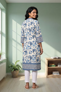 Off White Floral Printed Rayon Straight Kurta
