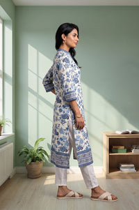 Off White Floral Printed Rayon Straight Kurta