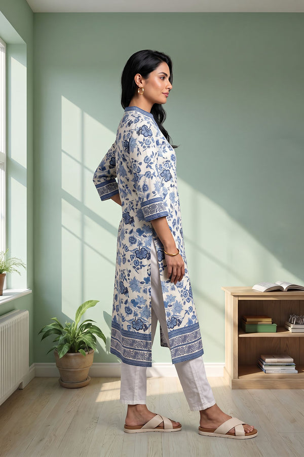 Off White Floral Printed Rayon Straight Kurta
