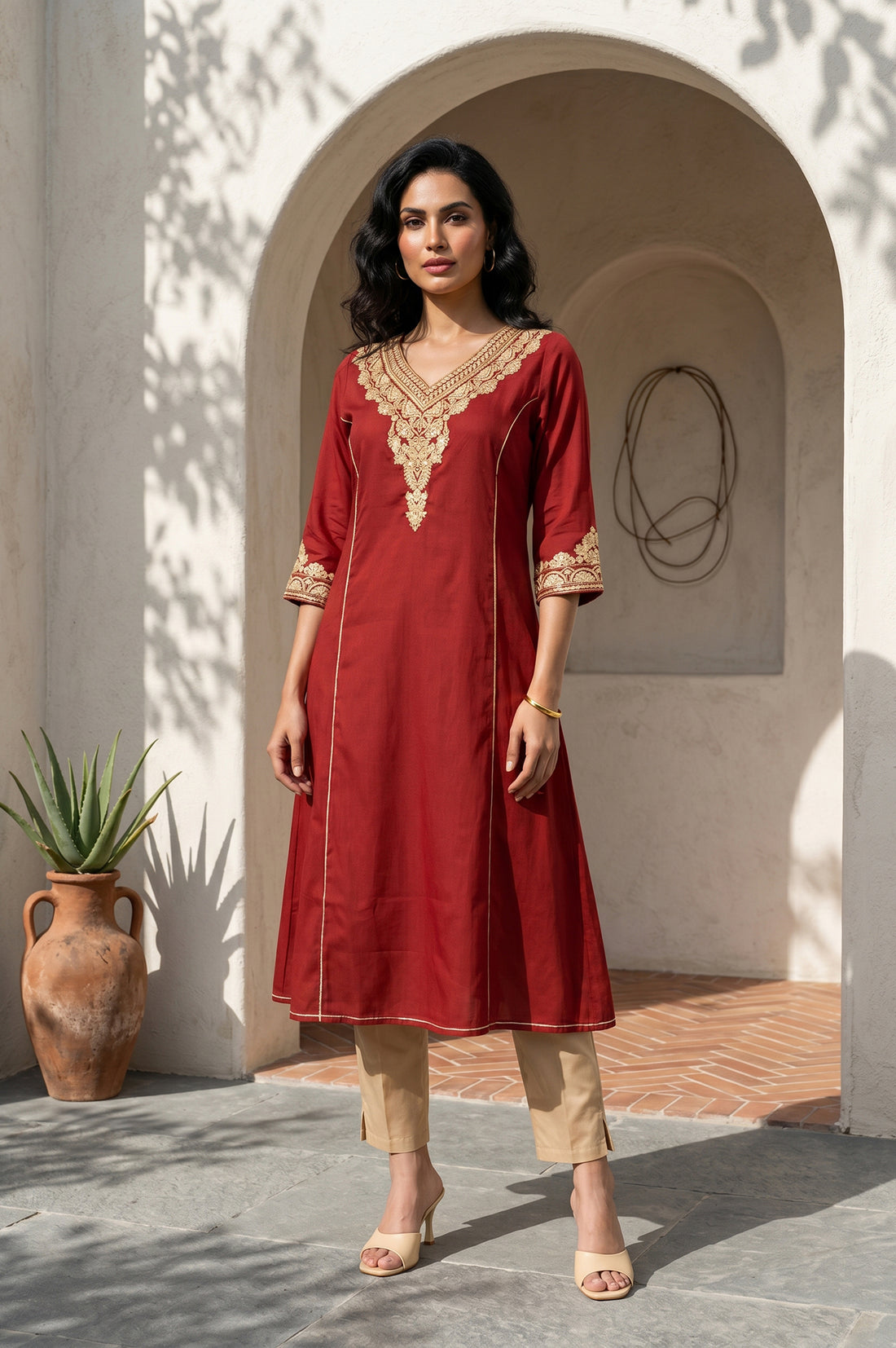Maroon Zari Embroidered Flared Kurta
