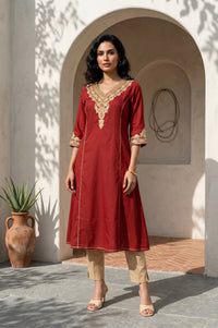 Maroon Zari Embroidered Flared Kurta