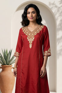 Maroon Zari Embroidered Flared Kurta