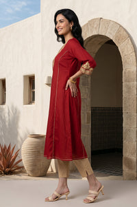 Maroon Zari Embroidered Flared Kurta