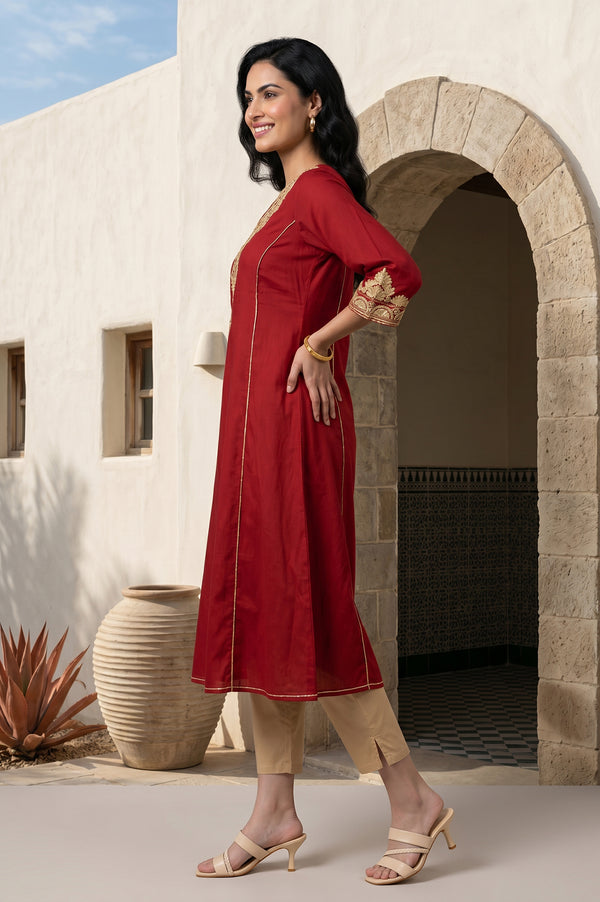 Maroon Zari Embroidered Flared Kurta
