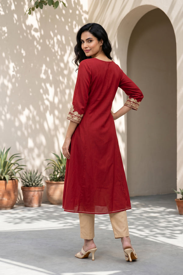 Maroon Zari Embroidered Flared Kurta