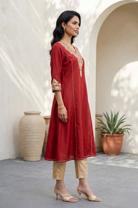 Maroon Zari Embroidered Flared Kurta