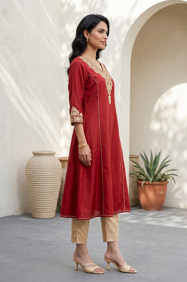 Maroon Zari Embroidered Flared Kurta