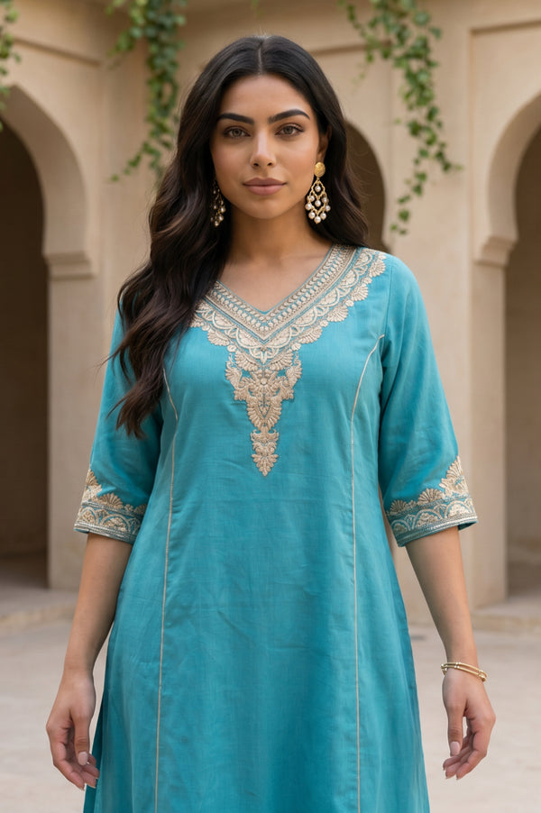 Aurelia Women's Blue Zari Embroidered A-line Kurta