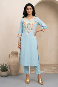 Blue Embroidered Straight Kurta