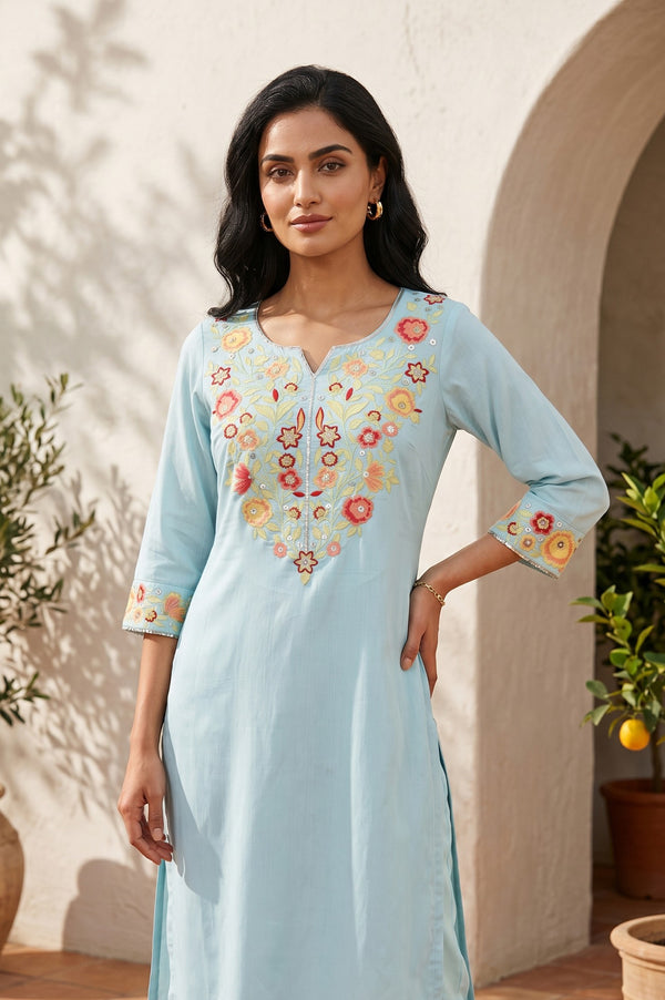 Blue Embroidered Straight Kurta
