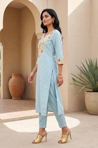 Blue Embroidered Straight Kurta