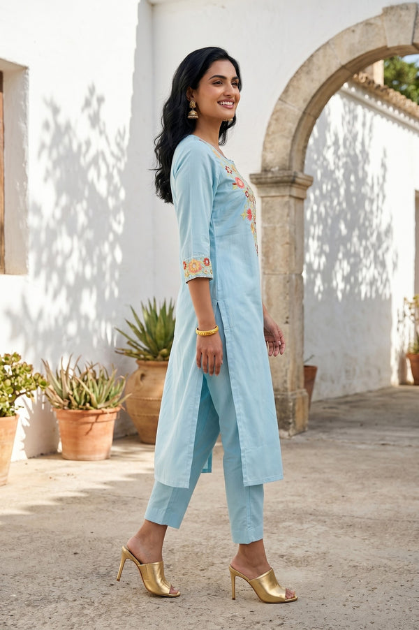 Blue Embroidered Straight Kurta