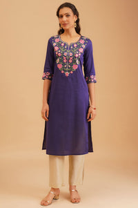 Purple Thread Embroidered Straight Kurta