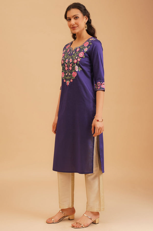 Purple Thread Embroidered Straight Kurta