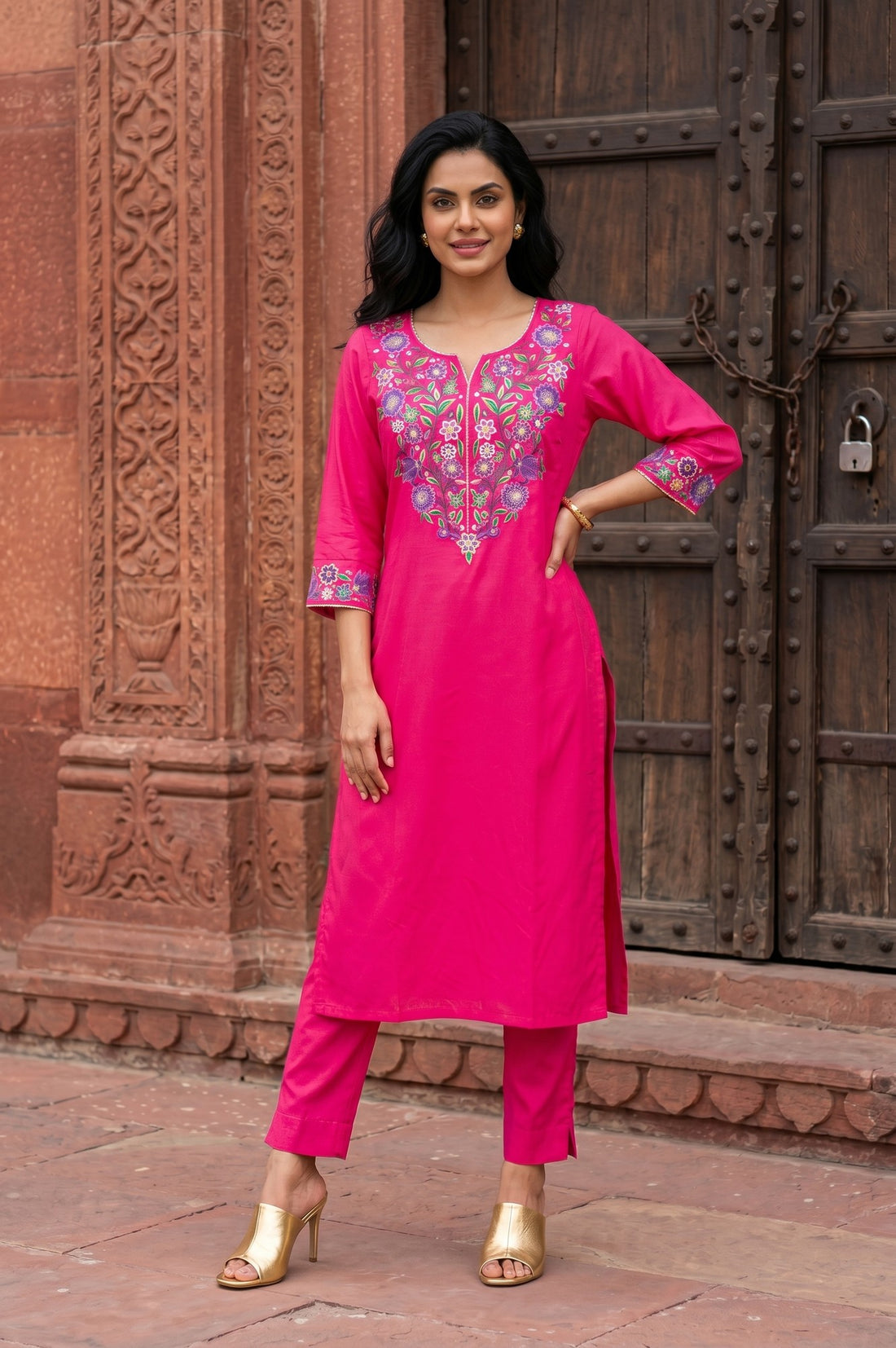 Fuchsia Embroidered Straight Kurta