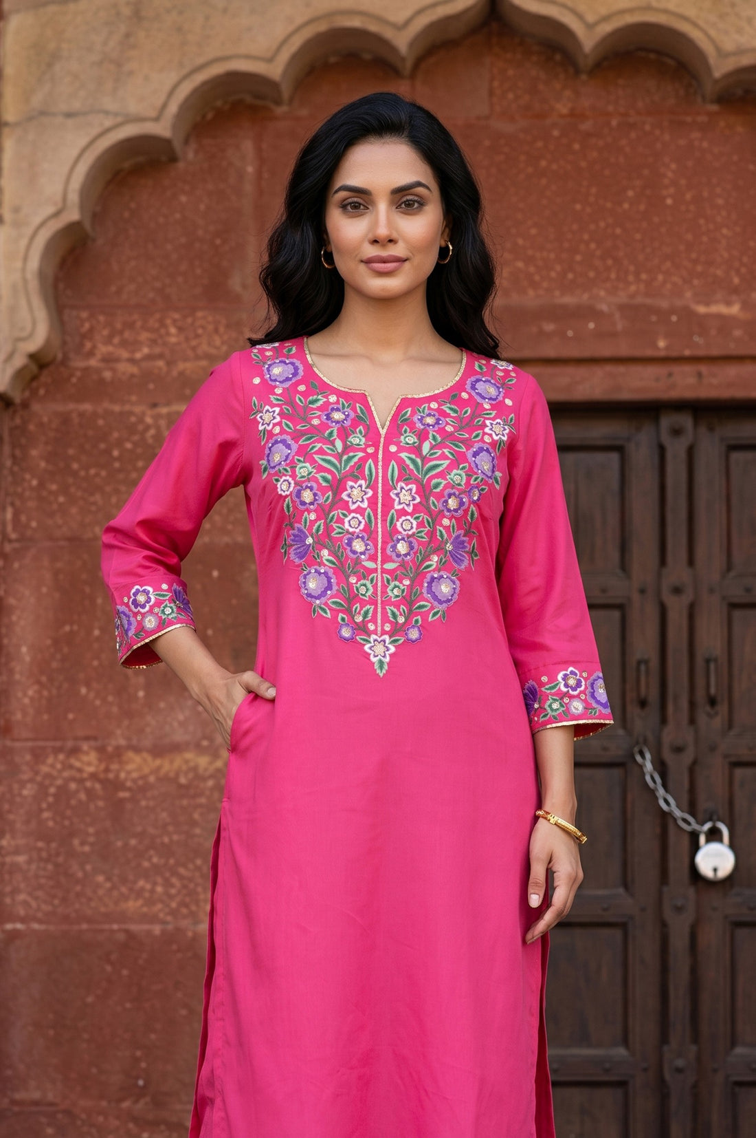 Fuchsia Embroidered Straight Kurta