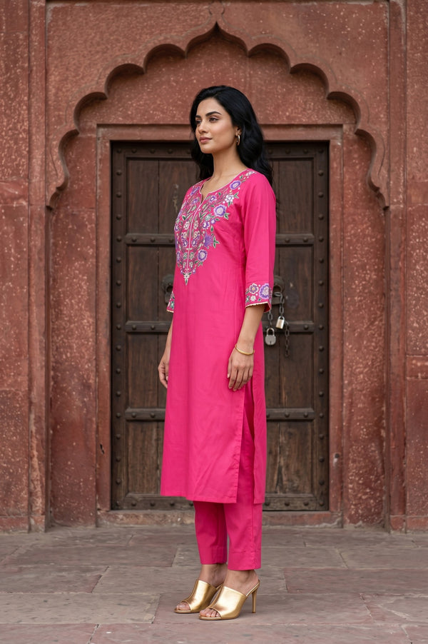 Fuchsia Embroidered Straight Kurta