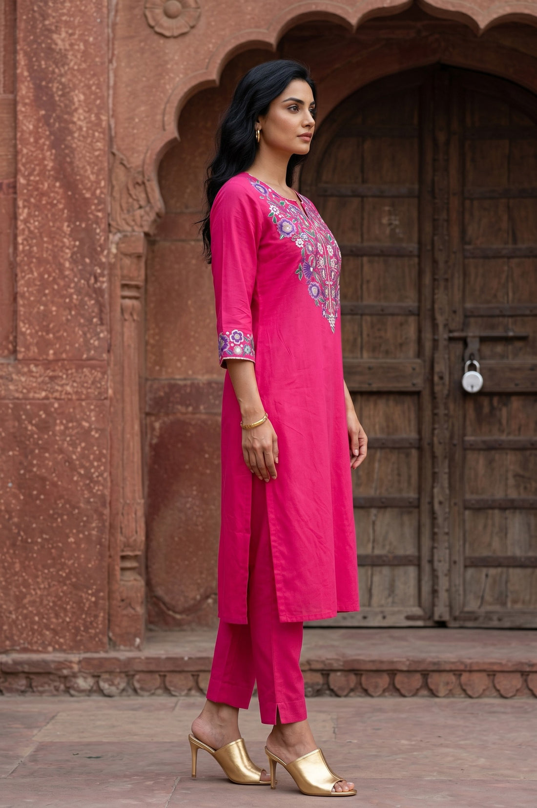 Fuchsia Embroidered Straight Kurta