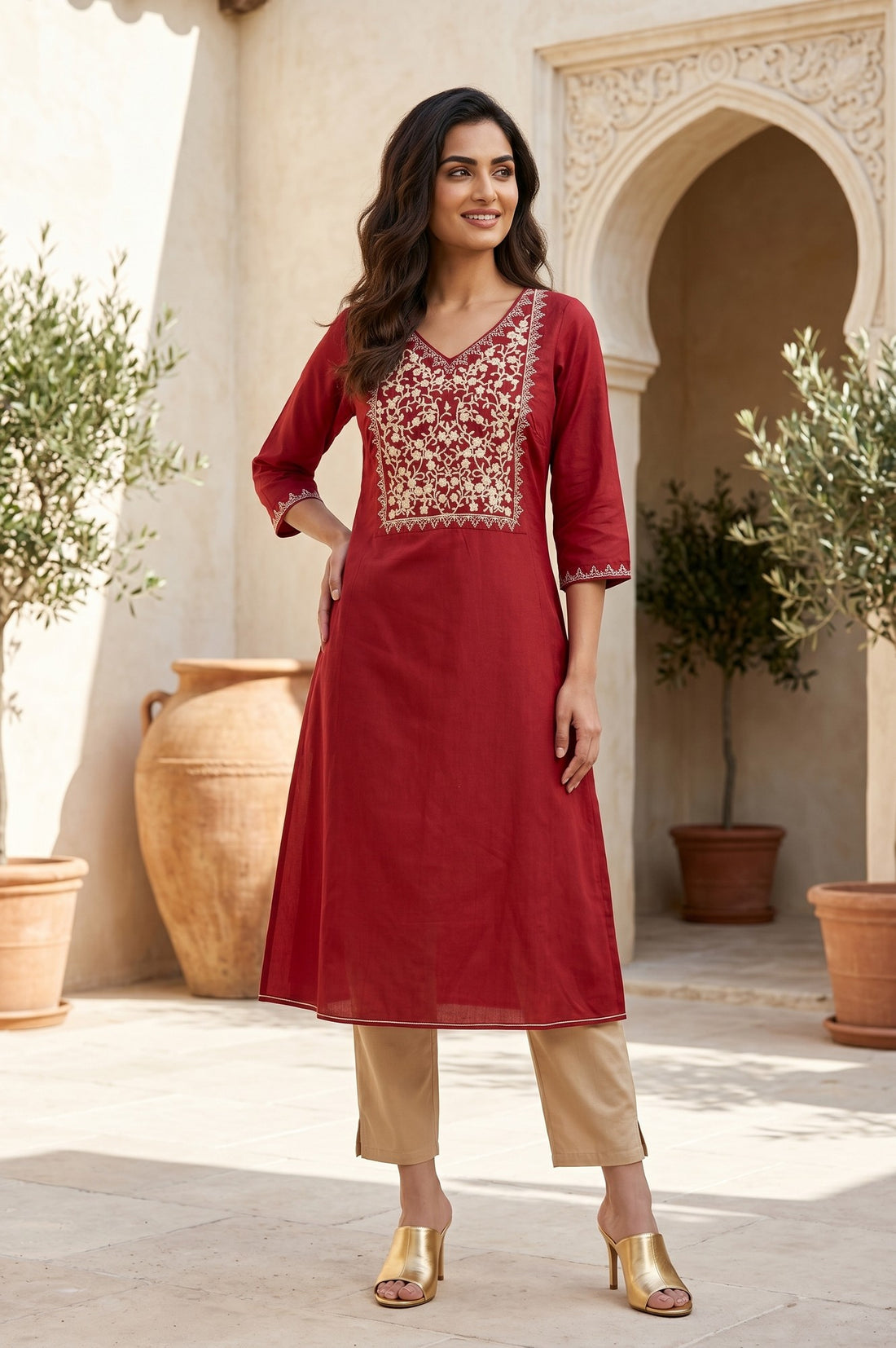 Maroon Embroidered Yarn Dyed Straight Kurta