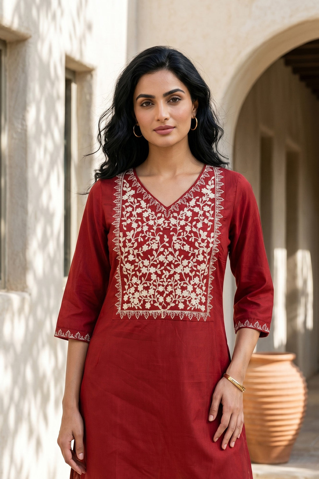 Maroon Embroidered Yarn Dyed Straight Kurta