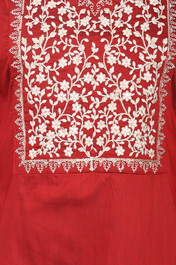 Maroon Embroidered Yarn Dyed Straight Kurta