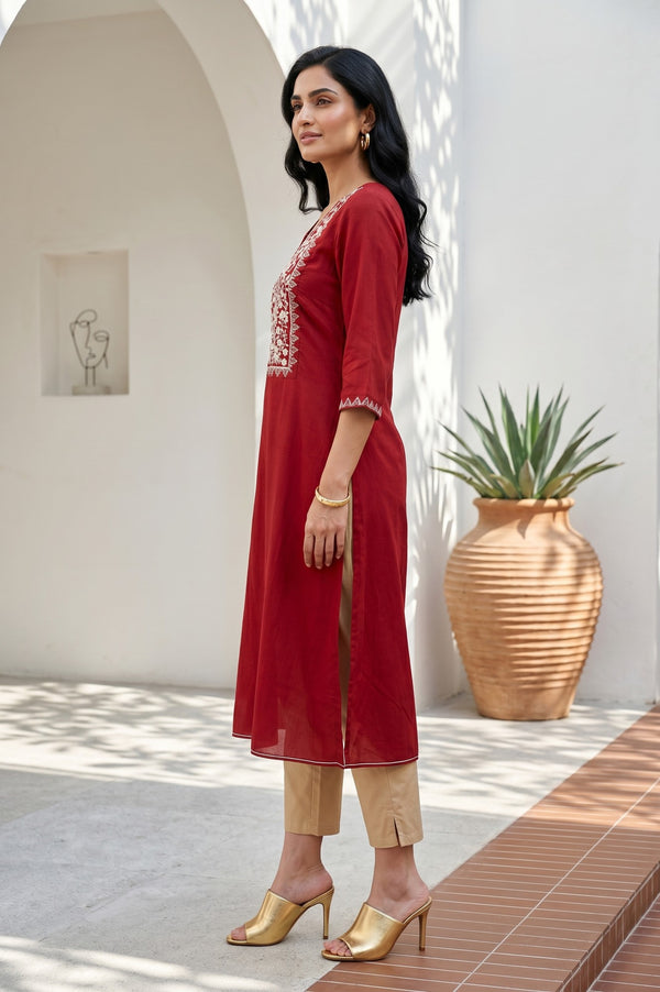 Maroon Embroidered Yarn Dyed Straight Kurta