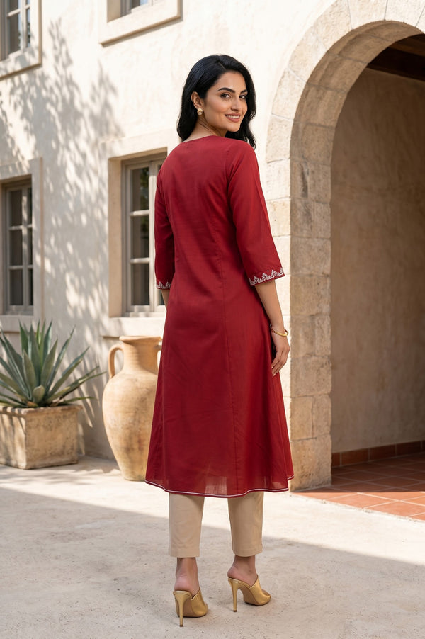 Maroon Embroidered Yarn Dyed Straight Kurta